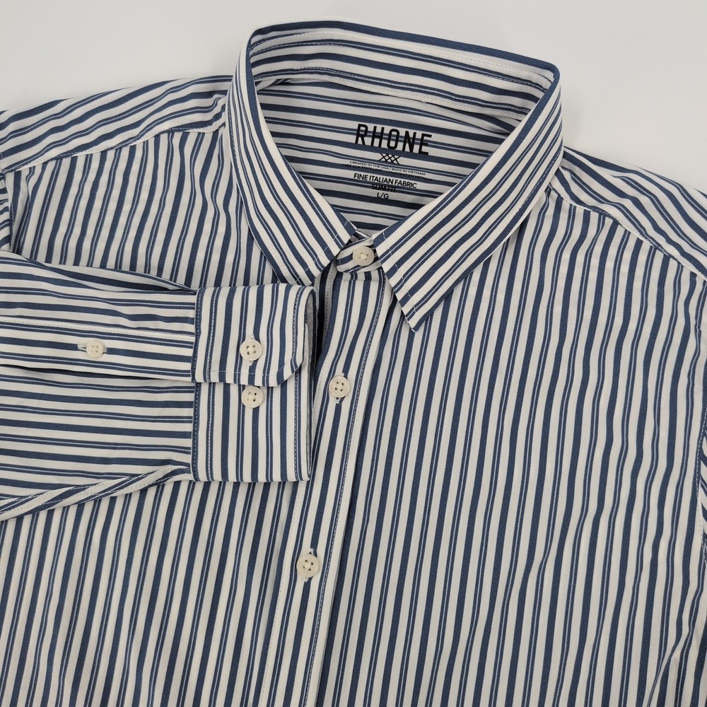 Rhone Italian Fabric Slim Fit Mens Large Blue White Striped Button Down Shirt